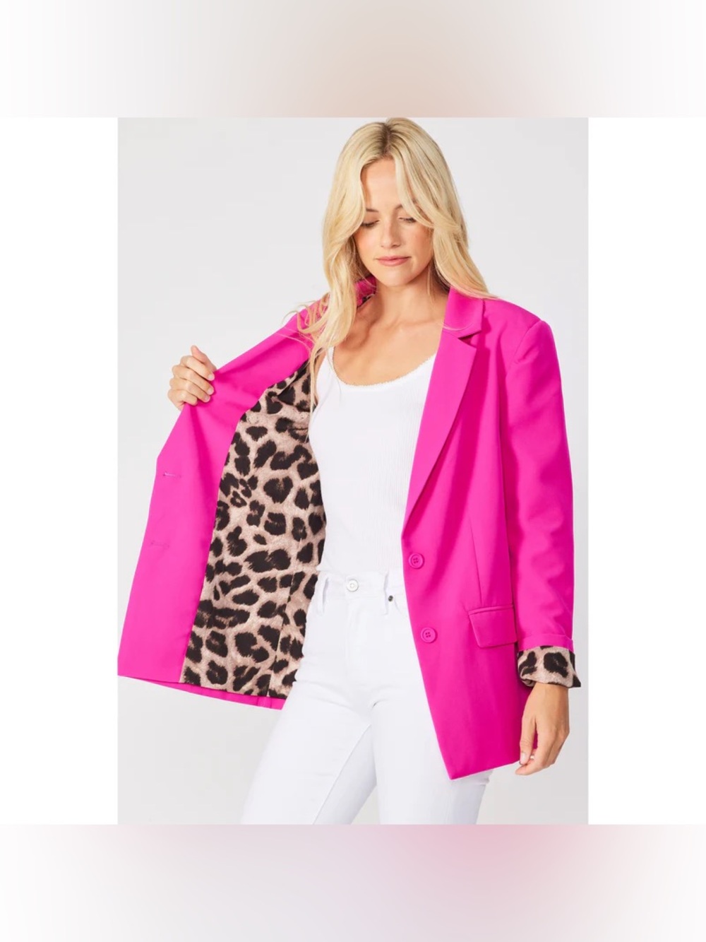 JODIFL Hot Pink Blazer with Leopard-Print Lining